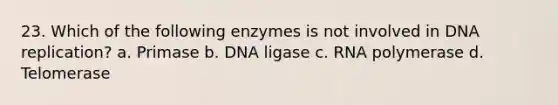 23. Which of the following enzymes is not involved in DNA replication? a. Primase b. DNA ligase c. RNA polymerase d. Telomerase