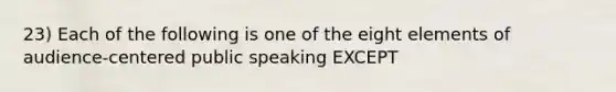 23) Each of the following is one of the eight elements of audience-centered public speaking EXCEPT