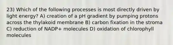 23) Which of the following processes is most directly driven by light energy? A) creation of a pH gradient by pumping protons across the thylakoid membrane B) carbon fixation in the stroma C) reduction of NADP+ molecules D) oxidation of chlorophyll molecules