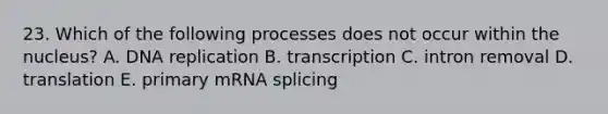 23. Which of the following processes does not occur within the nucleus? A. DNA replication B. transcription C. intron removal D. translation E. primary mRNA splicing