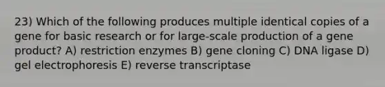 23) Which of the following produces multiple identical copies of a gene for basic research or for large-scale production of a gene product? A) restriction enzymes B) gene cloning C) DNA ligase D) gel electrophoresis E) reverse transcriptase