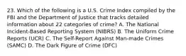 23. Which of the following is a U.S. Crime Index compiled by the FBI and the Department of Justice that tracks detailed information about 22 categories of crime? A. The National Incident-Based Reporting System (NIBRS) B. The Uniform Crime Reports (UCR) C. The Self-Report Against Man-made Crimes (SAMC) D. The Dark Figure of Crime (DFC)