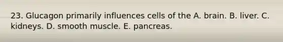 23. Glucagon primarily influences cells of the A. brain. B. liver. C. kidneys. D. smooth muscle. E. pancreas.