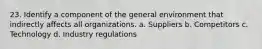 23. Identify a component of the general environment that indirectly affects all organizations. a. Suppliers b. Competitors c. Technology d. Industry regulations