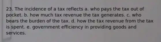 23. The incidence of a tax reflects a. who pays the tax out of pocket. b. how much tax revenue the tax generates. c. who bears the burden of the tax. d. how the tax revenue from the tax is spent. e. government efficiency in providing goods and services.