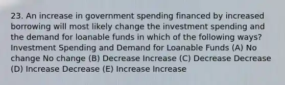 23. An increase in government spending financed by increased borrowing will most likely change the investment spending and the demand for loanable funds in which of the following ways? Investment Spending and Demand for Loanable Funds (A) No change No change (B) Decrease Increase (C) Decrease Decrease (D) Increase Decrease (E) Increase Increase