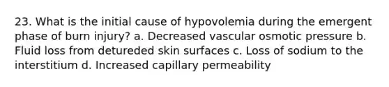 23. What is the initial cause of hypovolemia during the emergent phase of burn injury? a. Decreased vascular osmotic pressure b. Fluid loss from detureded skin surfaces c. Loss of sodium to the interstitium d. Increased capillary permeability