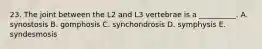 23. The joint between the L2 and L3 vertebrae is a __________. A. synostosis B. gomphosis C. synchondrosis D. symphysis E. syndesmosis