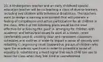 23. A kindergarten teacher and an early childhood special education teacher will be co-teaching a class of diverse learners including two children with behavioral disabilities. The teachers want to design a learning environment that will promote a feeling of competence and active participation for all children in the class. Which of the following plans would be the most effective for achieving this goal? A. arranging for children with academic and behavioral issues to work at a slower, more comfortable pace B. creating clear and consistent classroom schedules and routines in order to impart a sense of security and reliability C. organizing small cooperative groups of children who span the academic spectrum in order to promote a sense of equality D. establishing a hand signal that each child can use to leave the class when they feel tired or overwhelmed