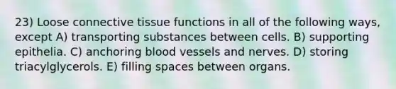 23) Loose connective tissue functions in all of the following ways, except A) transporting substances between cells. B) supporting epithelia. C) anchoring blood vessels and nerves. D) storing triacylglycerols. E) filling spaces between organs.