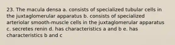 23. The macula densa a. consists of specialized tubular cells in the juxtaglomerular apparatus b. consists of specialized arteriolar smooth-muscle cells in the juxtaglomerular apparatus c. secretes renin d. has characteristics a and b e. has characteristics b and c