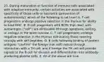 23. During maturation or function of immune cells associated with adaptive immunity, certain activities are associated with specificity of those cells or tolerance (prevention of autoimmunity); which of the following is not true? A. T cell progenitors undergo positive selection in the thymus for ability to bind MHC. B. B cell progenitors with BCRs that react with autoantigen ("self") are eliminated (through apoptosis, editing, or anergy) in the bone marrow. C. T cell progenitors undergo negative selection in the thymus eliminating those reacting strongly with self peptides. D. B cells following binding of protein antigens "confirm" the foreign (not self) nature through interaction with a TH cell, and if foreign the TH cell will provide signals to the B cell for division and differentiation into antibody-producing plasma cells. E. All of the above are true.