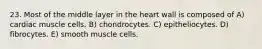 23. Most of the middle layer in the heart wall is composed of A) cardiac muscle cells. B) chondrocytes. C) epitheliocytes. D) fibrocytes. E) smooth muscle cells.