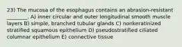 23) The mucosa of the esophagus contains an abrasion-resistant ________. A) inner circular and outer longitudinal smooth muscle layers B) simple, branched tubular glands C) nonkeratinized stratified squamous epithelium D) pseudostratified ciliated columnar epithelium E) connective tissue