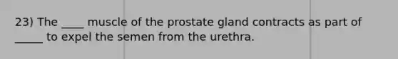 23) The ____ muscle of the prostate gland contracts as part of _____ to expel the semen from the urethra.