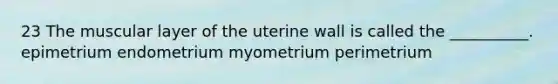 23 The muscular layer of the uterine wall is called the __________. epimetrium endometrium myometrium perimetrium