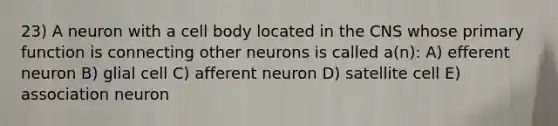 23) A neuron with a cell body located in the CNS whose primary function is connecting other neurons is called a(n): A) efferent neuron B) glial cell C) afferent neuron D) satellite cell E) association neuron