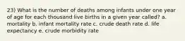 23) What is the number of deaths among infants under one year of age for each thousand live births in a given year called? a. mortality b. infant mortality rate c. crude death rate d. life expectancy e. crude morbidity rate