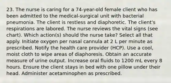 23. The nurse is caring for a 74-year-old female client who has been admitted to the medical-surgical unit with bacterial pneumonia. The client is restless and diaphoretic. The client's respirations are labored. The nurse reviews the vital signs (see chart). Which action(s) should the nurse take? Select all that apply. Initiate oxygen per nasal cannula at 2 L per minute as prescribed. Notify the health care provider (HCP). Use a cool, moist cloth to wipe areas of diaphoresis. Obtain an accurate measure of urine output. Increase oral fluids to 1200 mL every 8 hours. Ensure the client stays in bed with one pillow under their head. Administer acetaminophen as prescribed.