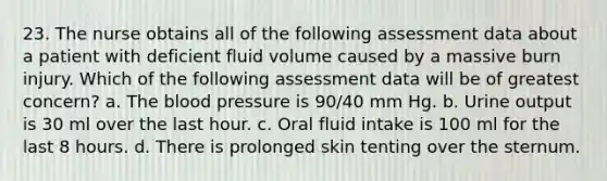 23. The nurse obtains all of the following assessment data about a patient with deficient fluid volume caused by a massive burn injury. Which of the following assessment data will be of greatest concern? a. The blood pressure is 90/40 mm Hg. b. Urine output is 30 ml over the last hour. c. Oral fluid intake is 100 ml for the last 8 hours. d. There is prolonged skin tenting over the sternum.