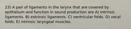 23) A pair of ligaments in the larynx that are covered by epithelium and function in sound production are A) intrinsic ligaments. B) extrinsic ligaments. C) ventricular folds. D) vocal folds. E) intrinsic laryngeal muscles.