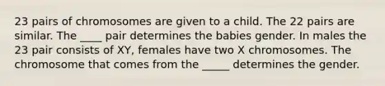 23 pairs of chromosomes are given to a child. The 22 pairs are similar. The ____ pair determines the babies gender. In males the 23 pair consists of XY, females have two X chromosomes. The chromosome that comes from the _____ determines the gender.