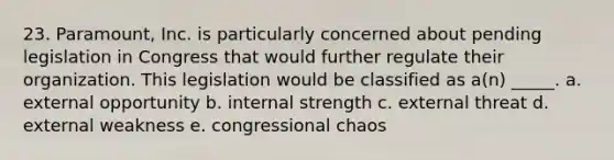 23. Paramount, Inc. is particularly concerned about pending legislation in Congress that would further regulate their organization. This legislation would be classified as a(n) _____. a. external opportunity b. internal strength c. external threat d. external weakness e. congressional chaos