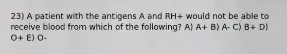 23) A patient with the antigens A and RH+ would not be able to receive blood from which of the following? A) A+ B) A- C) B+ D) O+ E) O-