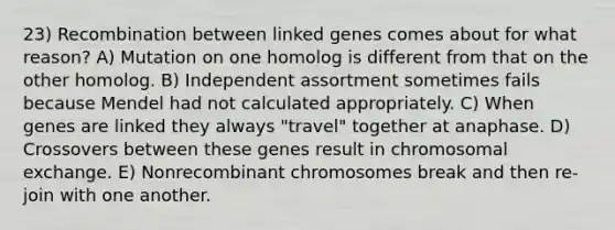 23) Recombination between linked genes comes about for what reason? A) Mutation on one homolog is different from that on the other homolog. B) Independent assortment sometimes fails because Mendel had not calculated appropriately. C) When genes are linked they always "travel" together at anaphase. D) Crossovers between these genes result in chromosomal exchange. E) Nonrecombinant chromosomes break and then re-join with one another.