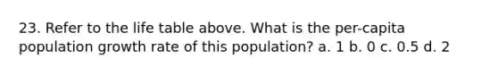 23. Refer to the life table above. What is the per-capita population growth rate of this population? a. 1 b. 0 c. 0.5 d. 2