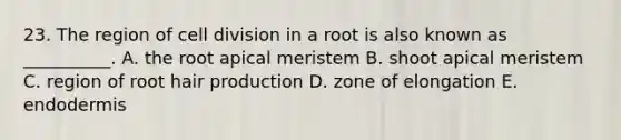 23. The region of <a href='https://www.questionai.com/knowledge/kjHVAH8Me4-cell-division' class='anchor-knowledge'>cell division</a> in a root is also known as __________. A. the root apical meristem B. shoot apical meristem C. region of root hair production D. zone of elongation E. endodermis