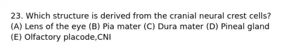 23. Which structure is derived from the cranial neural crest cells? (A) Lens of the eye (B) Pia mater (C) Dura mater (D) Pineal gland (E) Olfactory placode,CNI