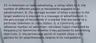 23. In television or radio advertising, a rating refers to A. the number of different people or households exposed to an advertisement. B. the average number of times a person in the target audience is exposed to a message or advertisement. C. the percentage of households in a market that are tuned to a particular television or radio station. D. a commonly used reference number an advertiser calculates (reach multiplied by frequency) to determine whether it has achieved its advertising objectives. E. the percentage points of market share a firm garners for its advertisements relative to its competitors.