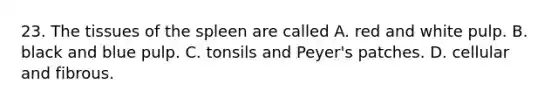23. The tissues of the spleen are called A. red and white pulp. B. black and blue pulp. C. tonsils and Peyer's patches. D. cellular and fibrous.