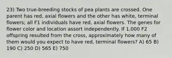 23) Two true-breeding stocks of pea plants are crossed. One parent has red, axial flowers and the other has white, terminal flowers; all F1 individuals have red, axial flowers. The genes for flower color and location assort independently. If 1,000 F2 offspring resulted from the cross, approximately how many of them would you expect to have red, terminal flowers? A) 65 B) 190 C) 250 D) 565 E) 750