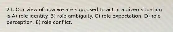 23. Our view of how we are supposed to act in a given situation is A) role identity. B) role ambiguity. C) role expectation. D) role perception. E) role conflict.