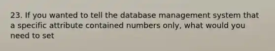 23. If you wanted to tell the database management system that a specific attribute contained numbers only, what would you need to set