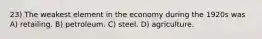 23) The weakest element in the economy during the 1920s was A) retailing. B) petroleum. C) steel. D) agriculture.