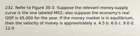 232. Refer to Figure 30-3. Suppose the relevant money-supply curve is the one labeled MS2; also suppose the economy's real GDP is 45,000 for the year. If the money market is in equilibrium, then the velocity of money is approximately a. 4.5 b. 6.0 c. 9.0 d. 12.0