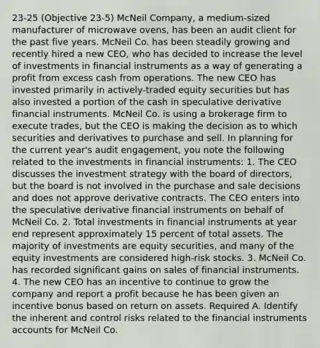 23-25 (Objective 23-5) McNeil Company, a medium-sized manufacturer of microwave ovens, has been an audit client for the past five years. McNeil Co. has been steadily growing and recently hired a new CEO, who has decided to increase the level of investments in financial instruments as a way of generating a profit from excess cash from operations. The new CEO has invested primarily in actively-traded equity securities but has also invested a portion of the cash in speculative derivative financial instruments. McNeil Co. is using a brokerage firm to execute trades, but the CEO is making the decision as to which securities and derivatives to purchase and sell. In planning for the current year's audit engagement, you note the following related to the investments in financial instruments: 1. The CEO discusses the investment strategy with the board of directors, but the board is not involved in the purchase and sale decisions and does not approve derivative contracts. The CEO enters into the speculative derivative financial instruments on behalf of McNeil Co. 2. Total investments in financial instruments at year end represent approximately 15 percent of total assets. The majority of investments are equity securities, and many of the equity investments are considered high-risk stocks. 3. McNeil Co. has recorded significant gains on sales of financial instruments. 4. The new CEO has an incentive to continue to grow the company and report a profit because he has been given an incentive bonus based on return on assets. Required A. Identify the inherent and control risks related to the financial instruments accounts for McNeil Co.