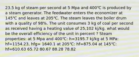 23.5 kg of steam per second at 5 Mpa and 400℃ is produced by a steam generator. The feedwater enters the economizer at 145℃ and leaves at 205℃. The steam leaves the boiler drum with a quality of 98%. The unit consumes 3 kg of coal per second as received having a heating value of 25,102 kj/kg. what would be the overall efficiency of the unit in percent ? Steam properties: at 5 Mpa and 400℃: h=3195.7 kj/kg at 5 MPa: hf=1154.23, hfg= 1640.1 at 205℃: hf=875.04 at 145℃: hf=610.63 65.72 80.67 88.28 78.82