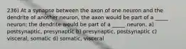 236) At a synapse between the axon of one neuron and the dendrite of another neuron, the axon would be part of a _____ neuron; the dendrite would be part of a _____ neuron. a) postsynaptic, presynaptic b) presynaptic, postsynaptic c) visceral, somatic d) somatic, visceral