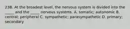 23B. At the broadest level, the nervous system is divided into the _____ and the _____ nervous systems. A. somatic; autonomic B. central; peripheral C. sympathetic; parasympathetic D. primary; secondary