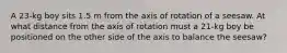 A 23-kg boy sits 1.5 m from the axis of rotation of a seesaw. At what distance from the axis of rotation must a 21-kg boy be positioned on the other side of the axis to balance the seesaw?