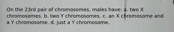 On the 23rd pair of chromosomes, males have: a. two X chromosomes. b. two Y chromosomes. c. an X chromosome and a Y chromosome. d. just a Y chromosome.