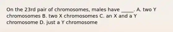 On the 23rd pair of chromosomes, males have _____. A. two Y chromosomes B. two X chromosomes C. an X and a Y chromosome D. just a Y chromosome