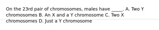 On the 23rd pair of chromosomes, males have _____. A. Two Y chromosomes B. An X and a Y chromosome C. Two X chromosomes D. Just a Y chromosome