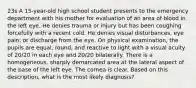 23s A 15-year-old high school student presents to the emergency department with his mother for evaluation of an area of blood in the left eye. He denies trauma or injury but has been coughing forcefully with a recent cold. He denies visual disturbances, eye pain, or discharge from the eye. On physical examination, the pupils are equal, round, and reactive to light with a visual acuity of 20/20 in each eye and 20/20 bilaterally. There is a homogeneous, sharply demarcated area at the lateral aspect of the base of the left eye. The cornea is clear. Based on this description, what is the most likely diagnosis?