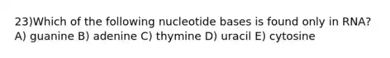 23)​Which of the following nucleotide bases is found only in RNA? ​​A) guanine ​​B) adenine​ C) thymine​ D) uracil​ E) cytosine