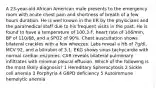 A 23-year-old African American male presents to the emergency room with acute chest pain and shortness of breath of a few hours duration. He is well known in the ER by the physicians and the paramedical staff due to his frequent visits in the past. He is found to have a temperature of 100.3 F, heart rate of 106/min, BP of 110/68, and a SPO2 of 90%. Chest auscultation shows bilateral crackles with a few wheezes. Labs reveal a Hb of 7g/dl, MCV 92, and a bilirubin of 3.1. EKG shows sinus tachycardia with normal cardiac enzymes. CXR reveals bilateral pulmonary infiltrates with minimal pleural effusion. Which of the following is the most likely diagnosis? 1 Hereditary Spherocytosis 2 Sickle cell anemia 3 Porphyria 4 G6PD deficiency 5 Autoimmune hemolytic anemia